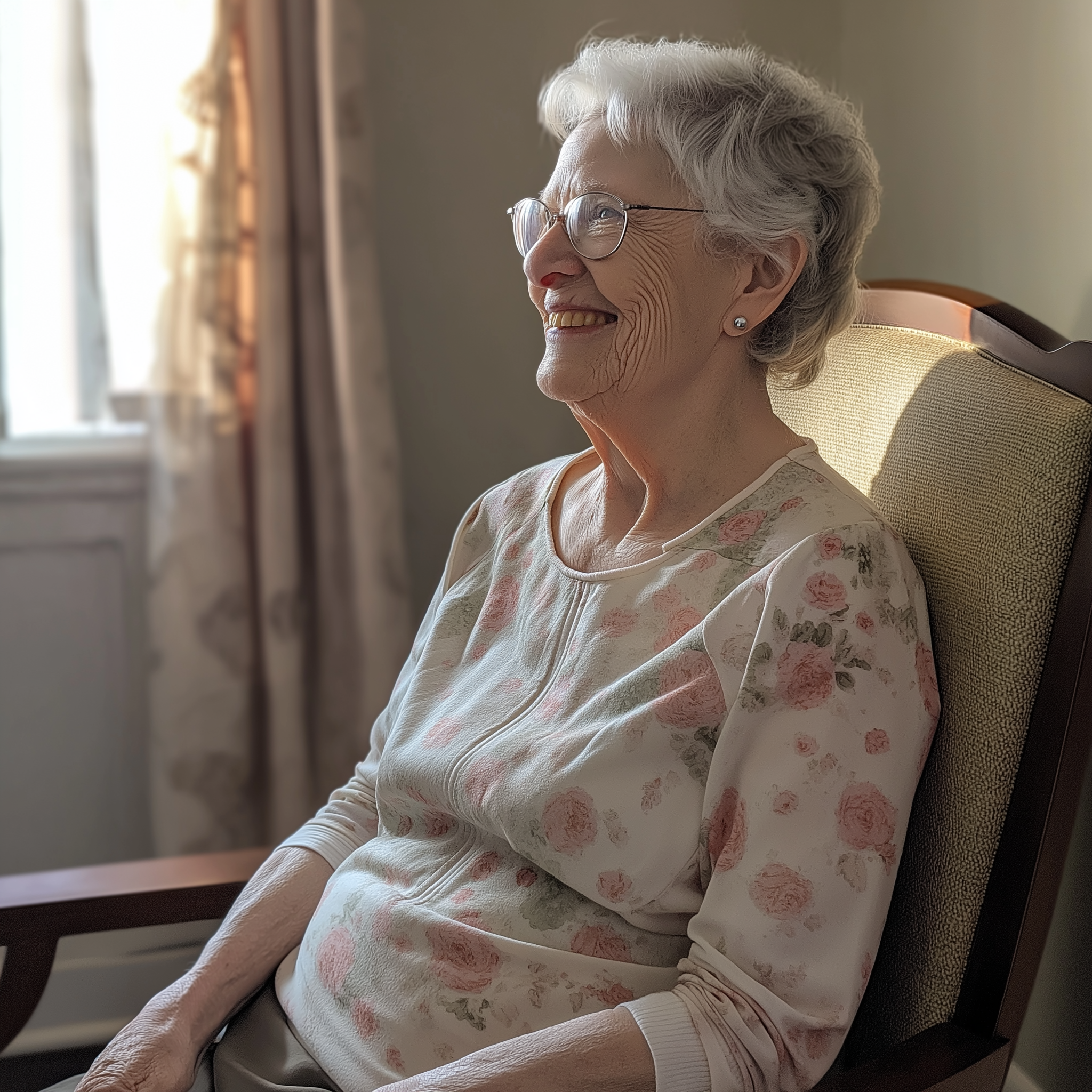 A smiling older woman sitting on a chair | Source: Midjourney