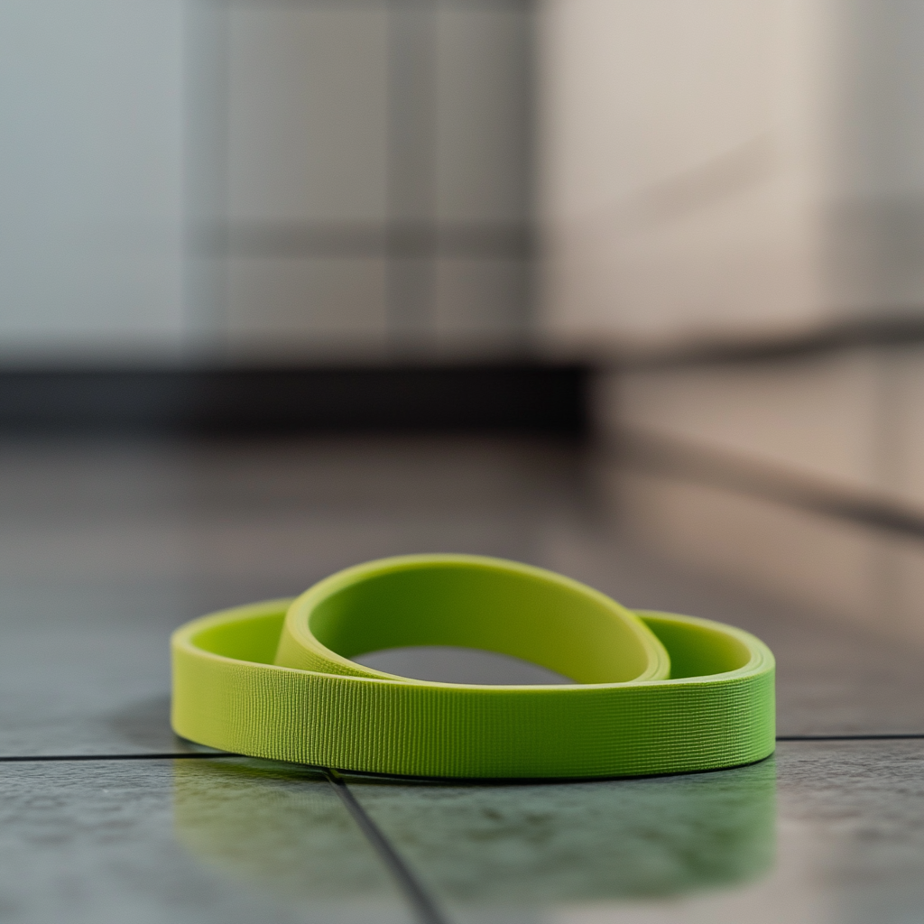 A closeup of a green-colored resistance band lying on the floor | Source: Midjourney