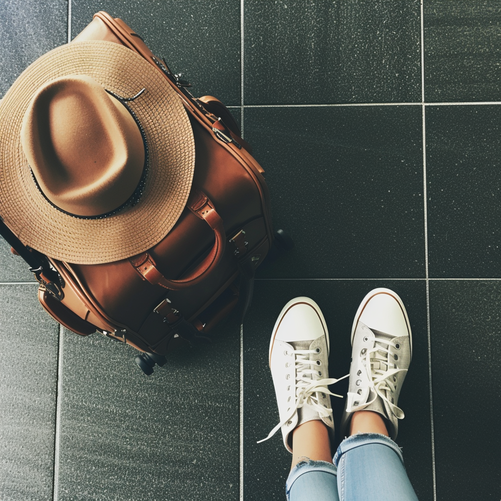 A woman with her luggage at her feet | Source: Midjourney