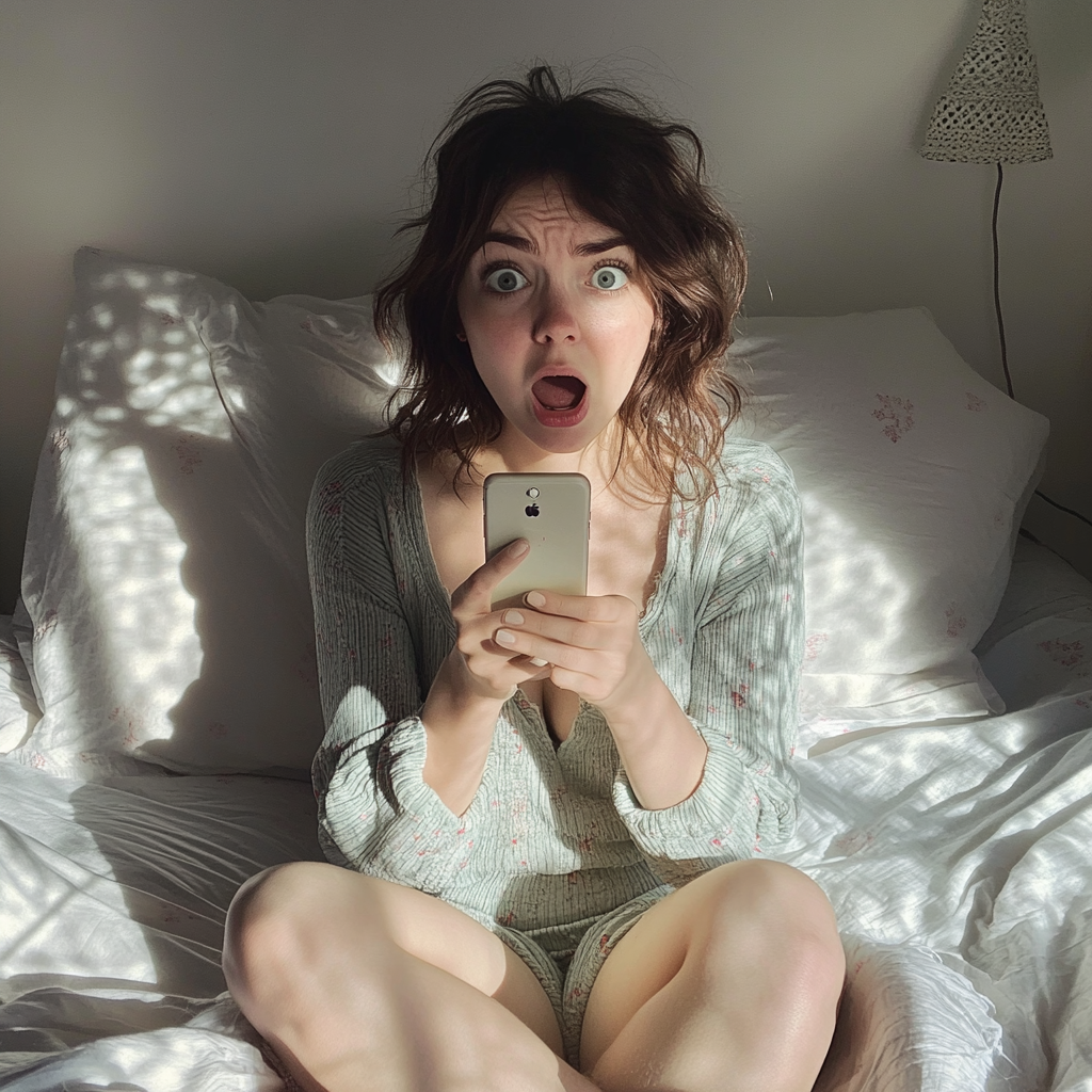 A shocked woman sitting in her bed | Source: Midjourney