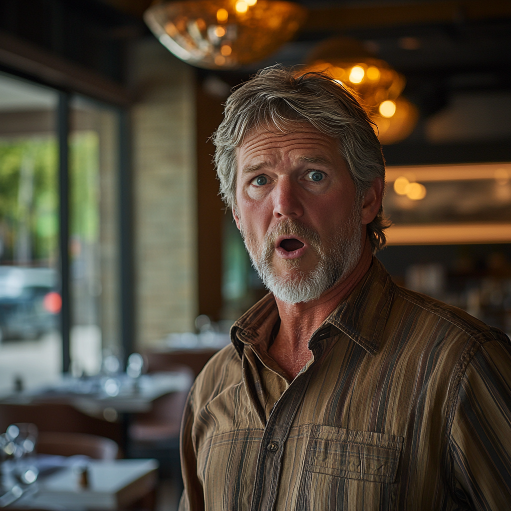 A middle-aged man looking surprised inside a restaurant | Source: Midjourney