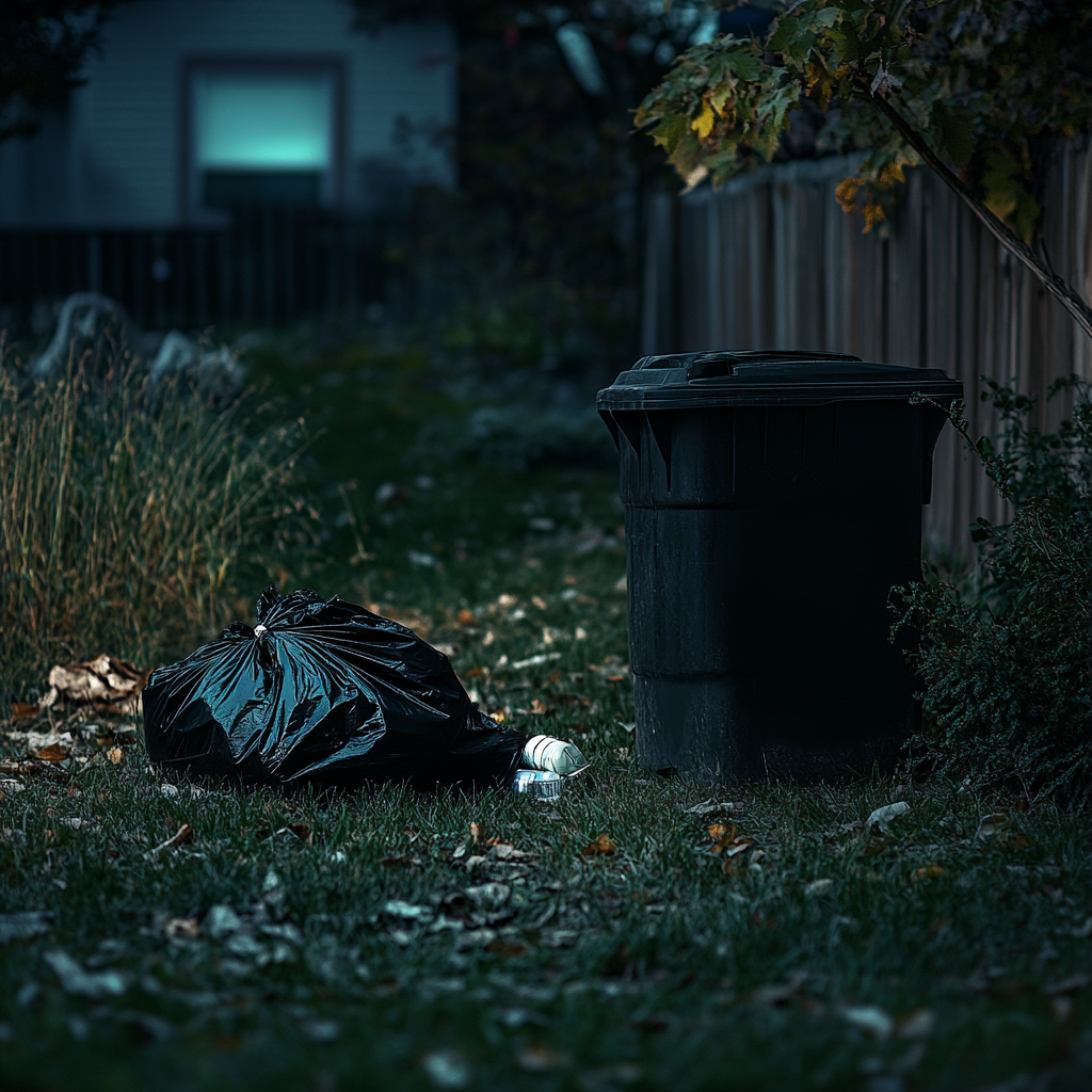 A black garbage bag near a trash can | Source: Midjourney