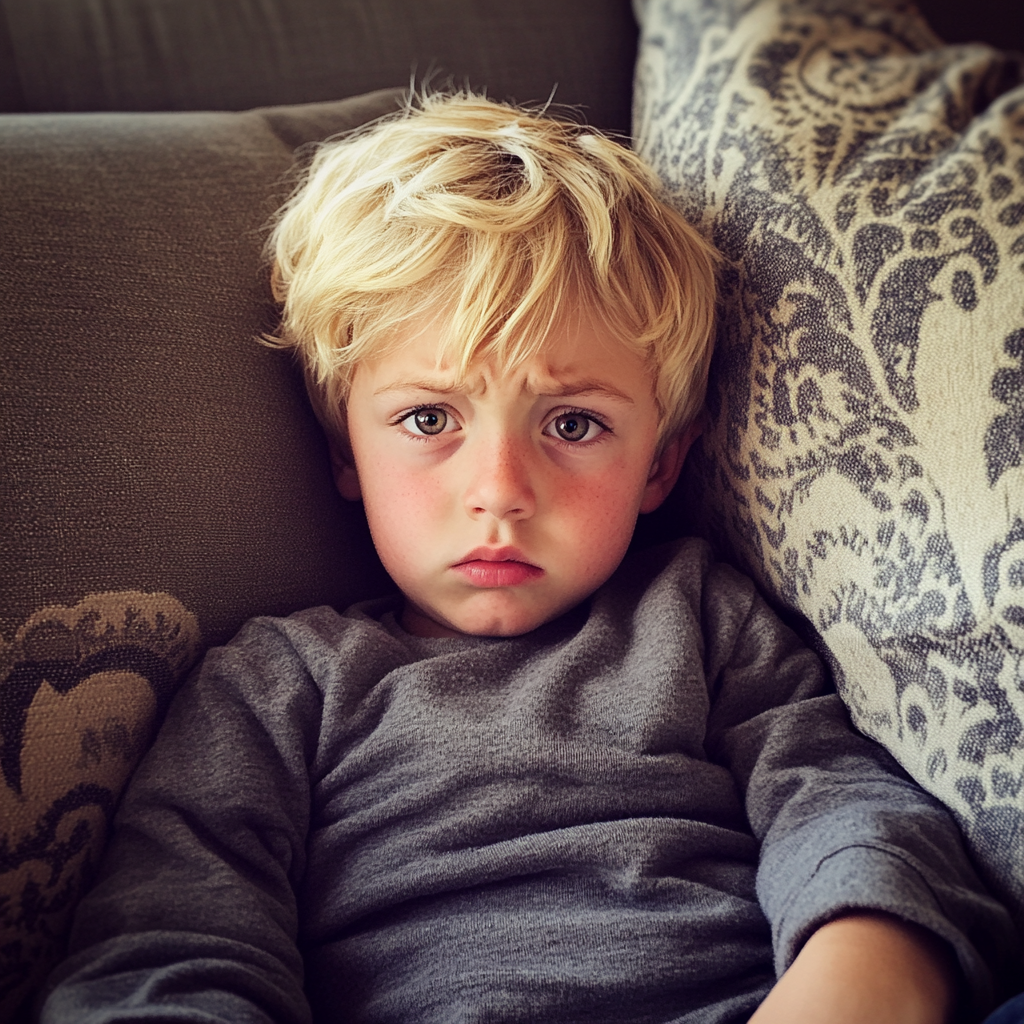 An upset little boy sitting on a couch | Source: Midjourney