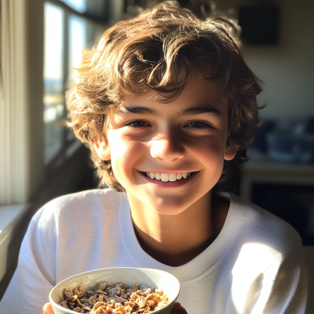 A boy holding a bowl of cereal | Source: Midjourney