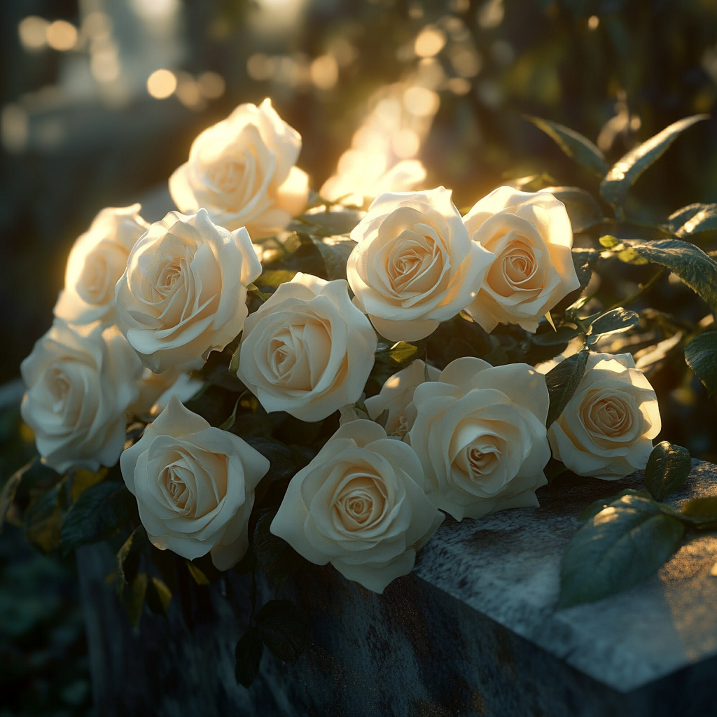 A bouquet of white roses on a gravestone | Source: Midjourney