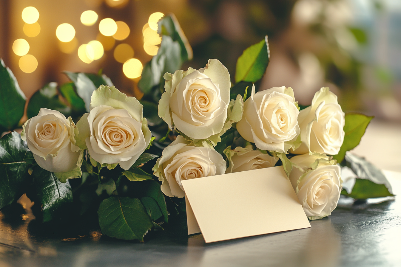 A note tucked beneath a bouquet of white roses | Source: Midjourney