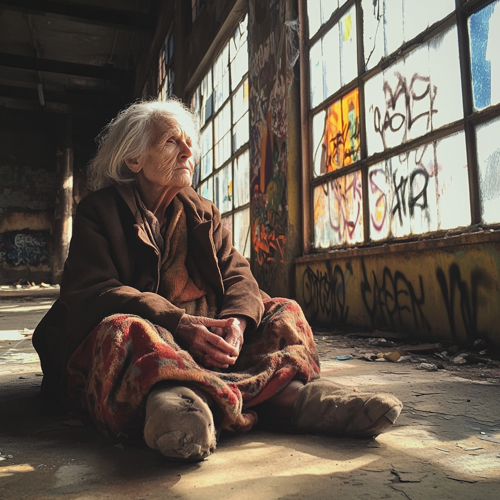 A homeless woman sitting in an abandoned factory | Source: Midjourney