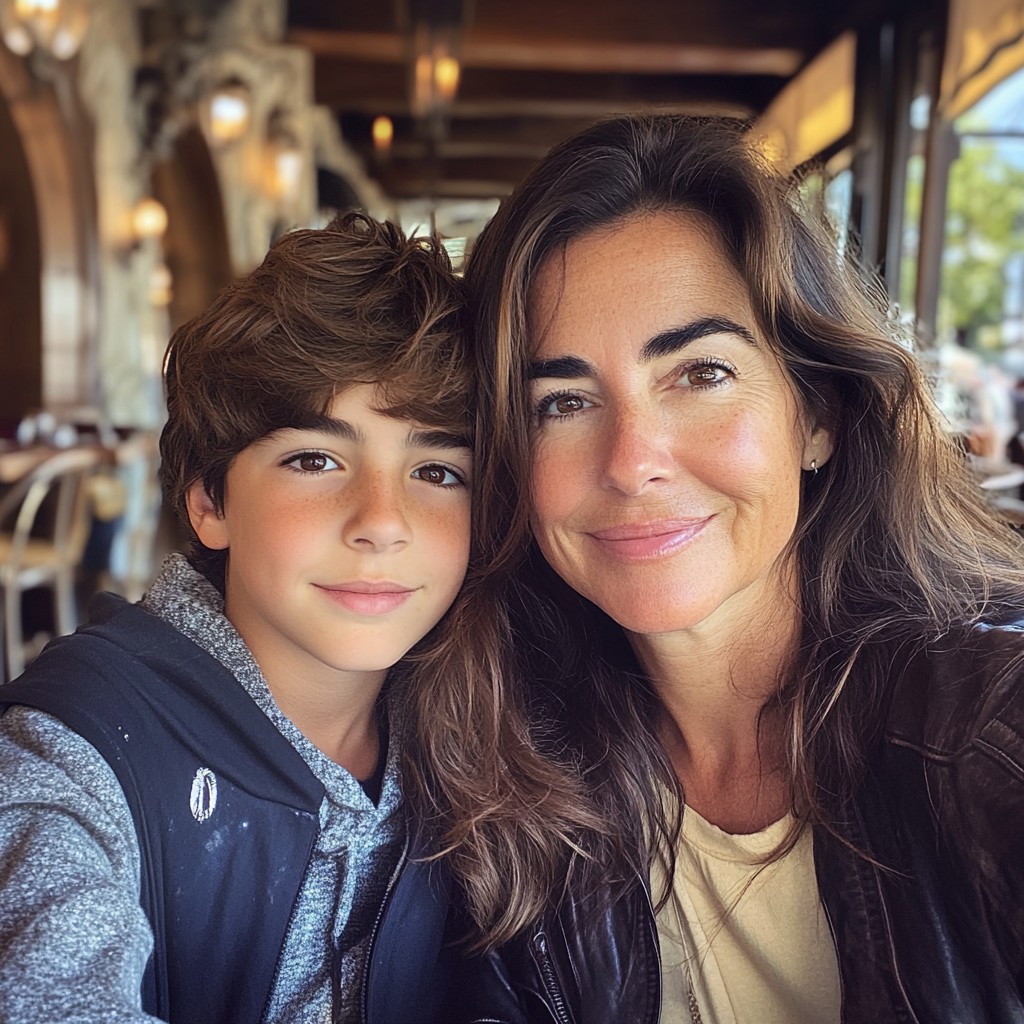 A mom and son duo at a bistro | Source: Midjourney