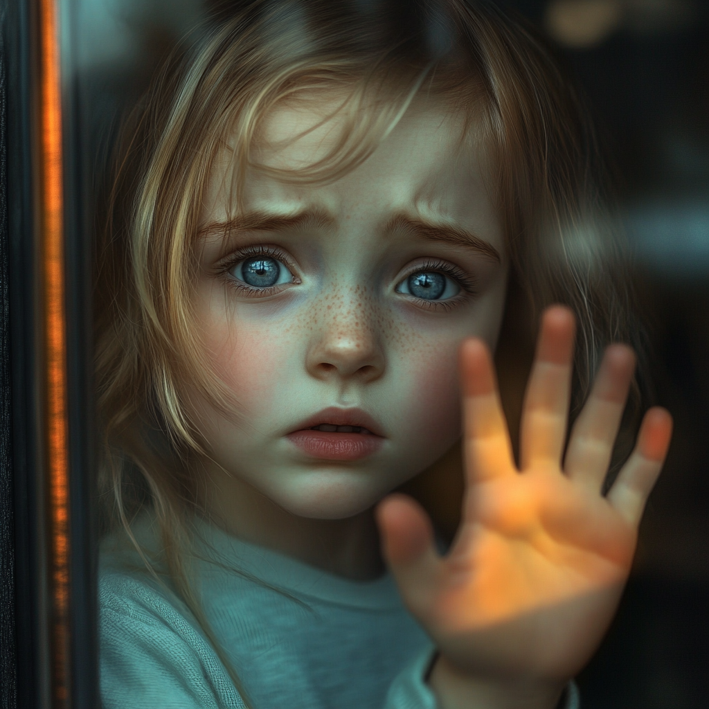 A sad little girl waving her hand | Source: Midjourney