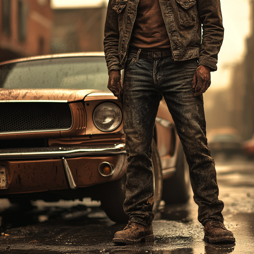 Close-up of a man in dirty clothes standing near a run-down vintage car | Source: Midjourney