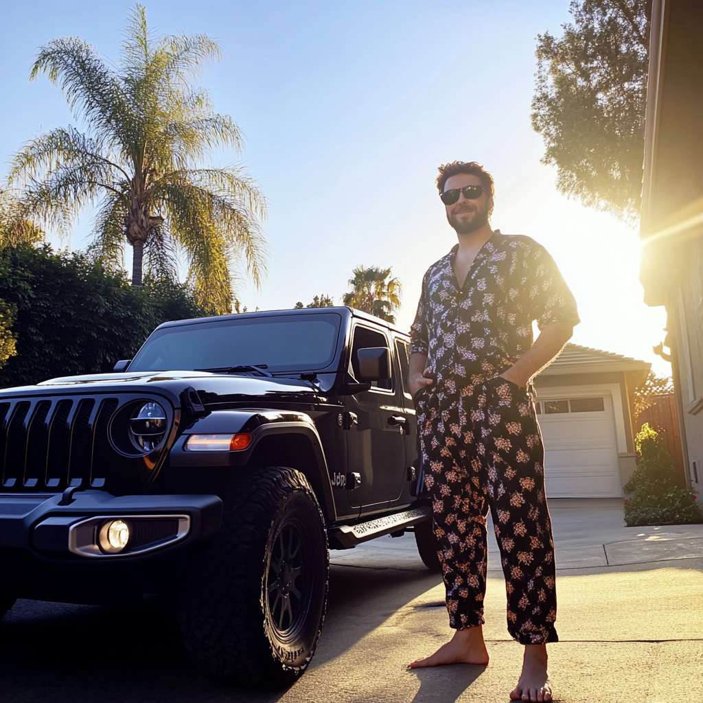 A man standing next to a Jeep in pajamas | Source: Midjourney