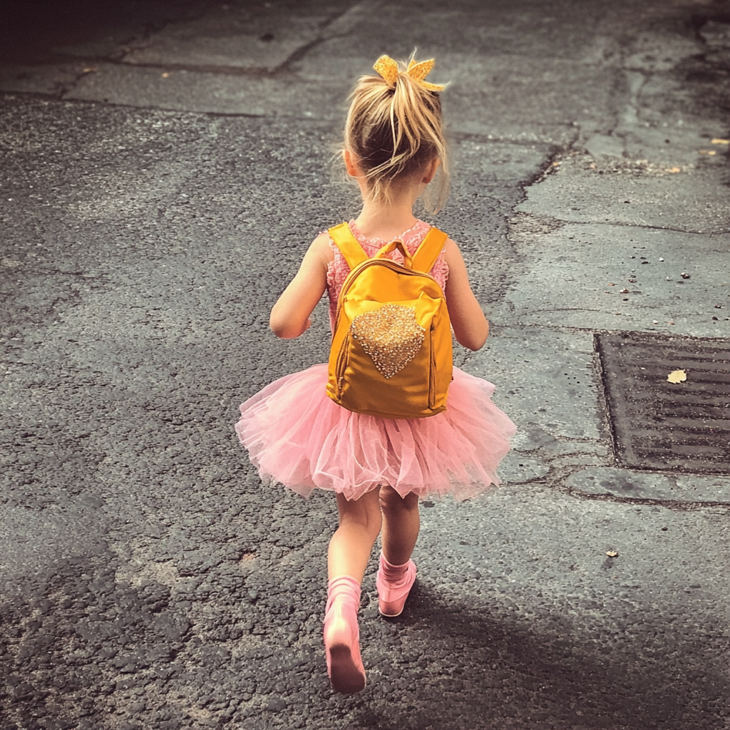 A little girl in a ballet outfit walking on a pavement | Source: Midjourney