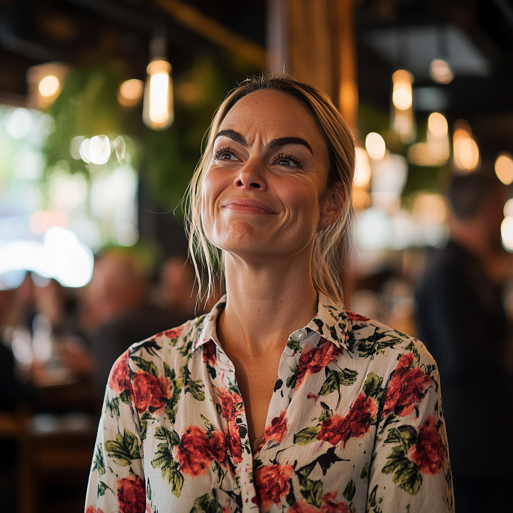 A woman is overcome with emotions while standing in a restaurant | Source: Midjourney