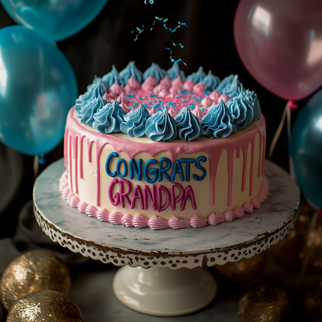 A cake with the words "Congrats Grandpa" written on it and balloons | Source: Midjourney