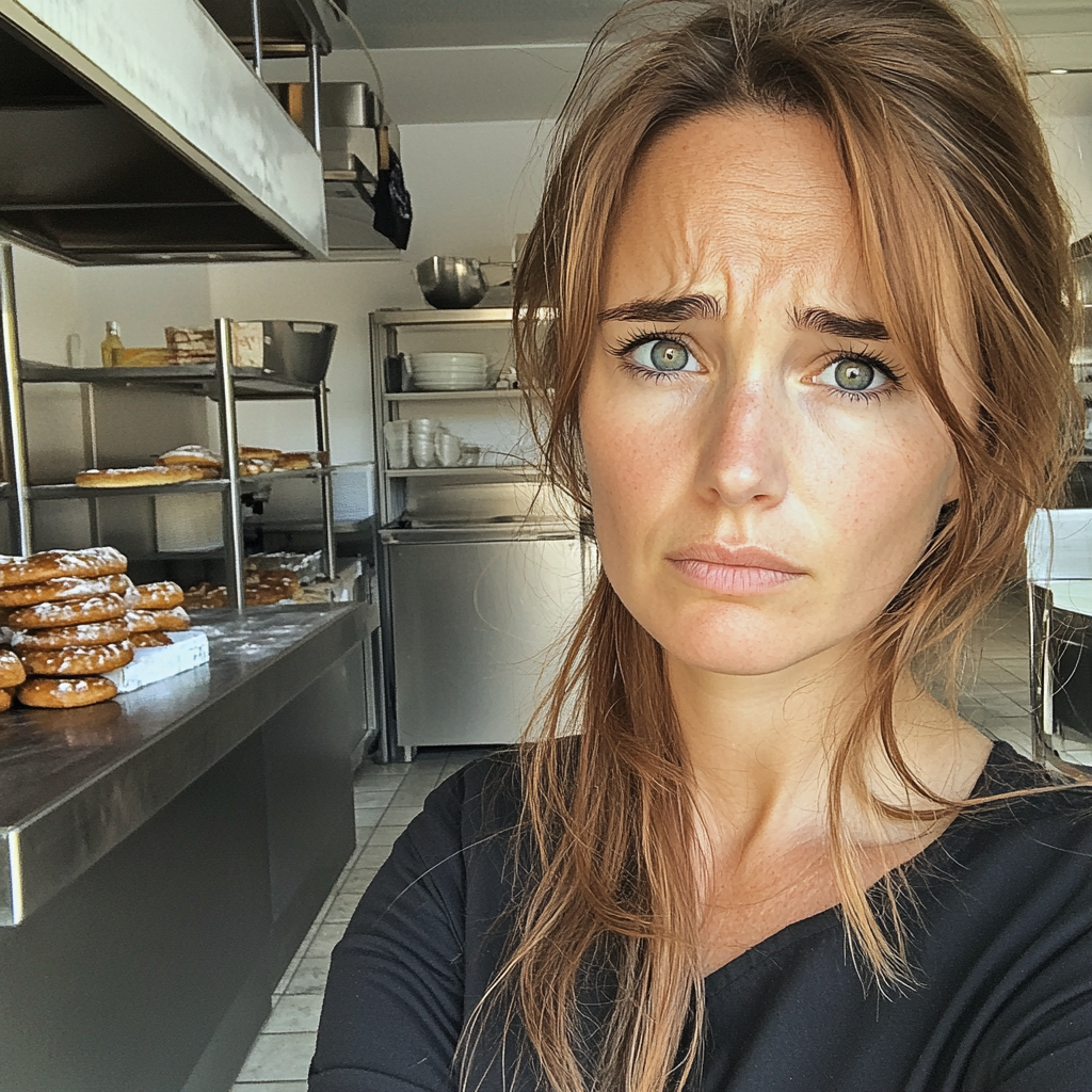 An upset woman standing in a bakery kitchen | Source: Midjourney