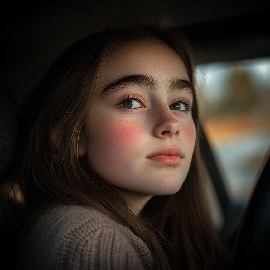 A teenage girl sitting in a car looking at someone | Source: Midjourney