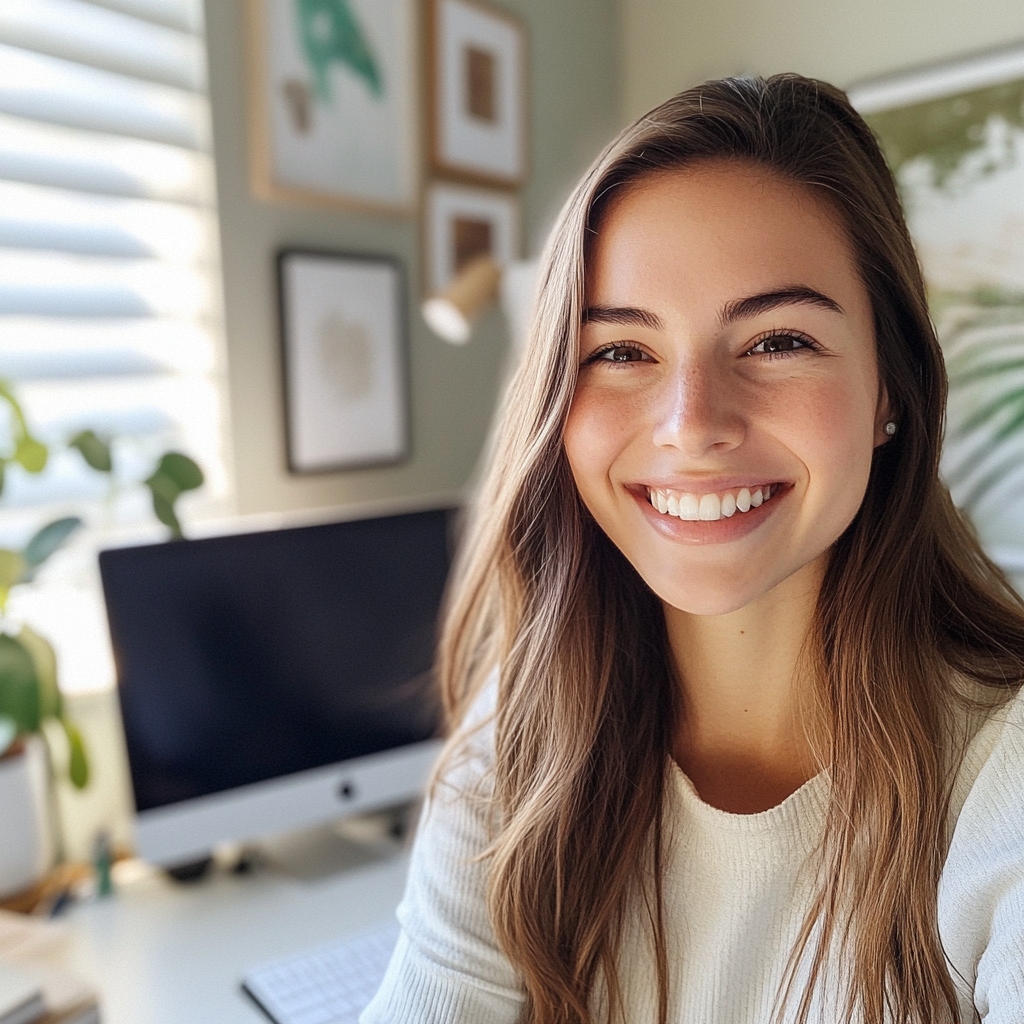 A smiling young woman in an office | Source: Midjourney