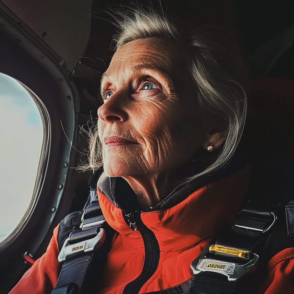 An old woman in a skydiving plane | Source: Midjourney