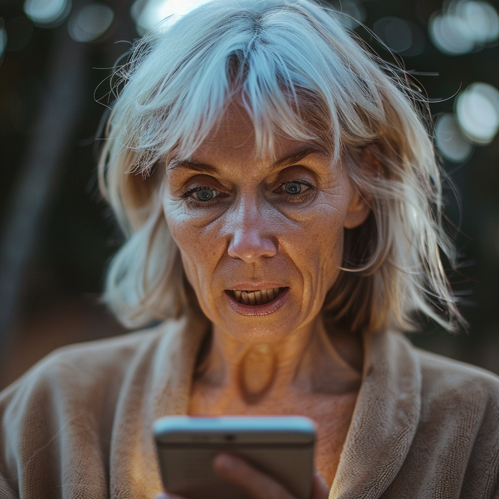 Extremely startled woman staring at her smartphone | Source: Midjourney