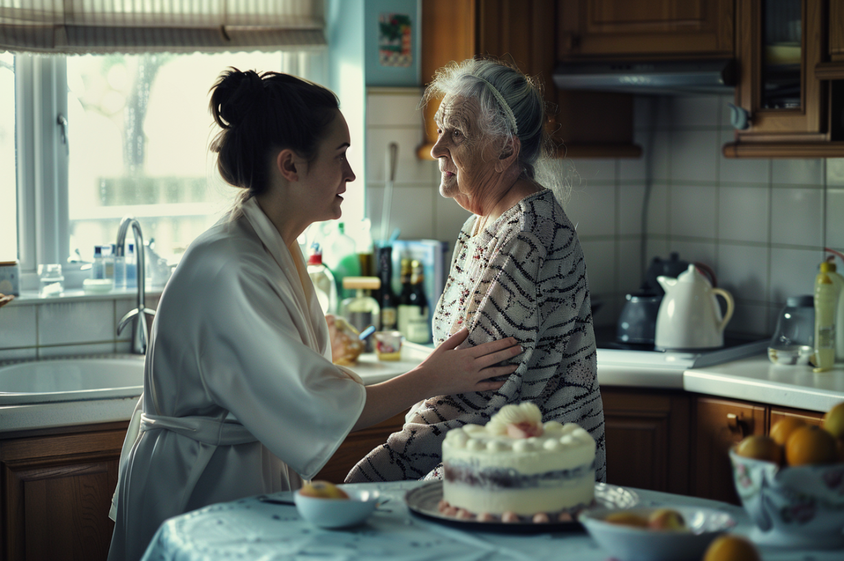 Two women talking in a kitchen | Source: Midjourney