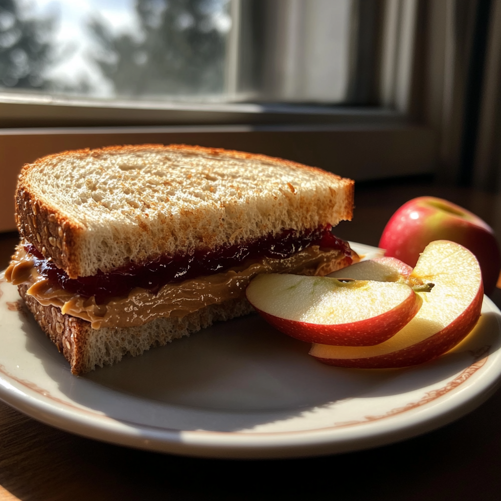 A peanut butter and jelly sandwich and apple slices | Source: Midjourney