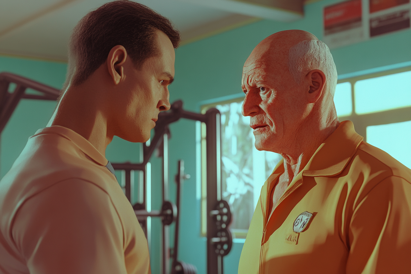 A gym manager talking to an older man | Source: Midjourney