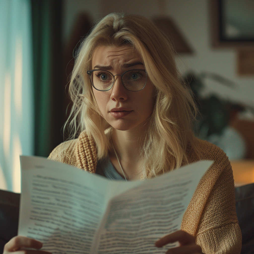 A sad woman holding documents | Source: Midjourney