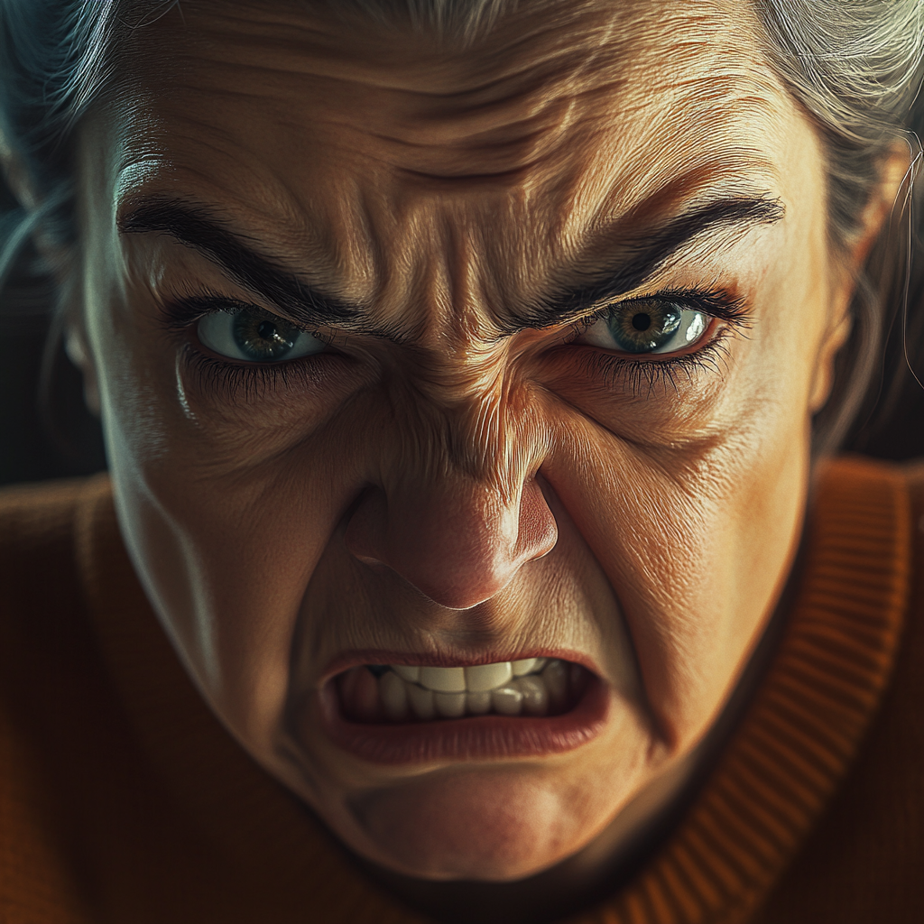 An extremely angry senior woman yelling | Source: Midjourney