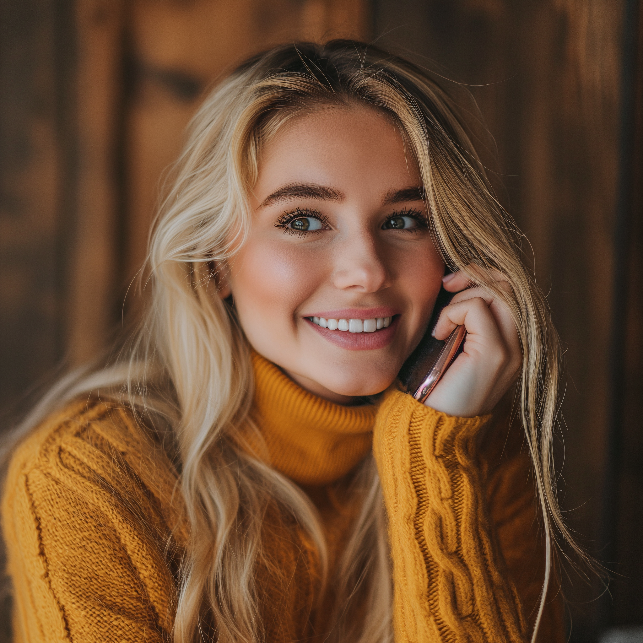 A woman smiles while talking on her mobile phone | Source: Midjourney