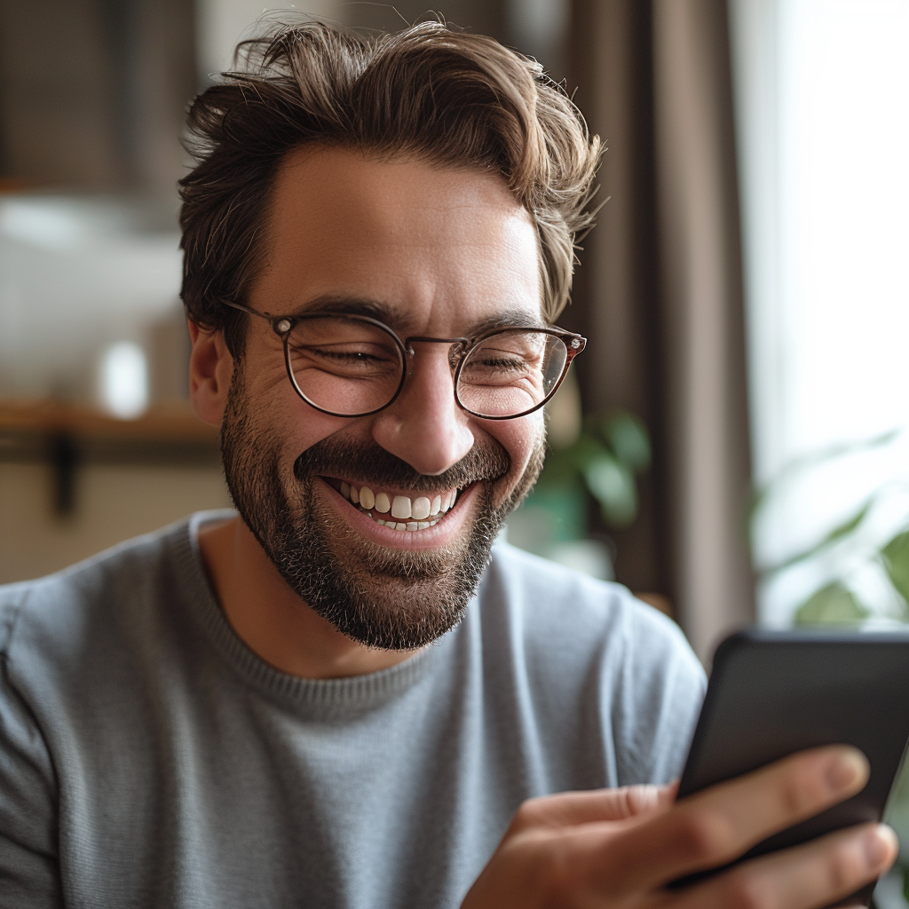 A man laughs while looking at his phone screen | Source: Midjourney