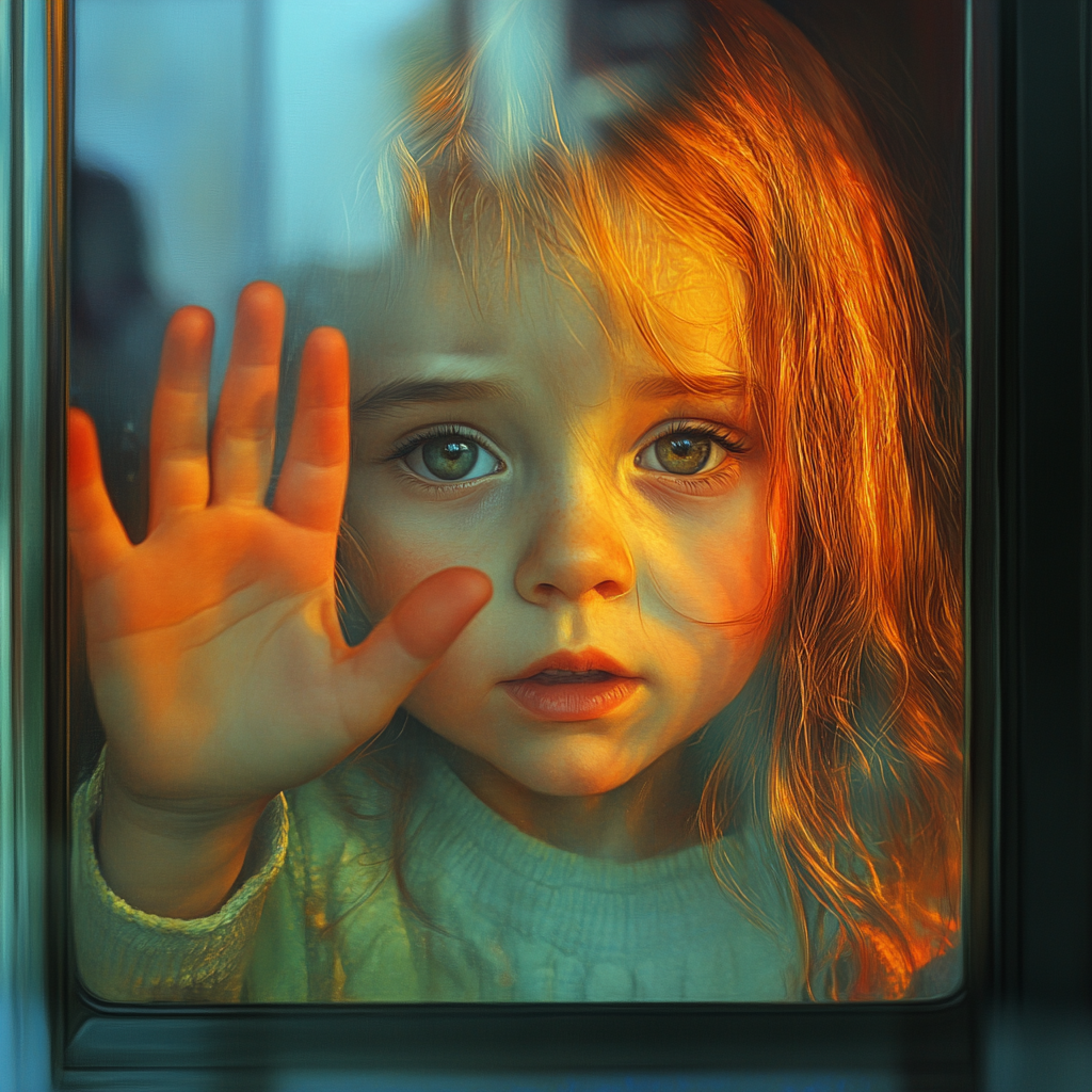 A little girl waving her hand from a window | Source: Midjourney