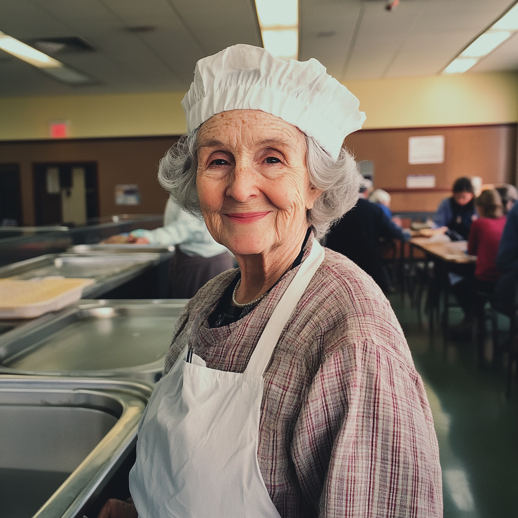 An elderly woman working at a school cafeteria | Source: Midjourney