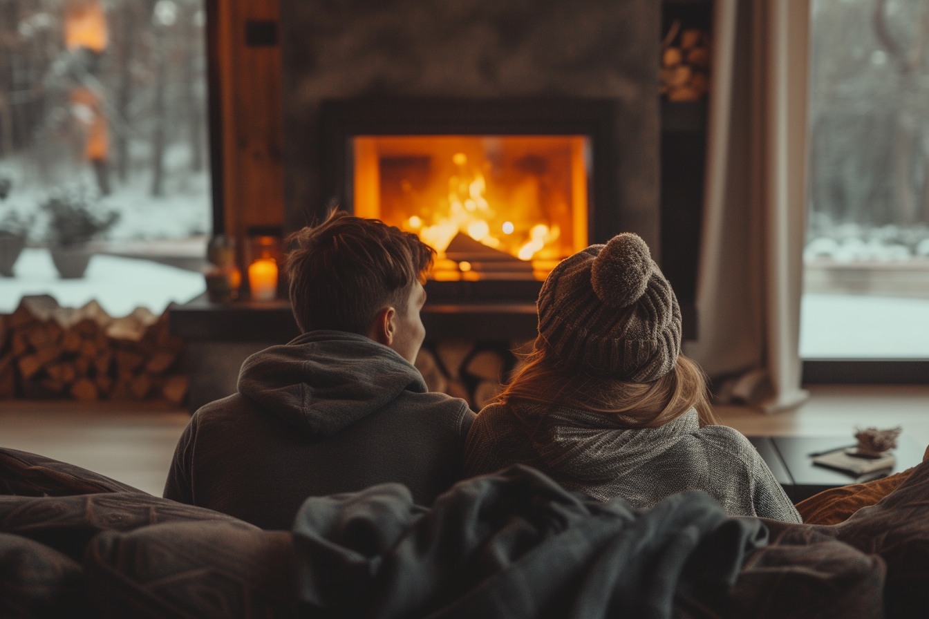 A back-view of a couple talking while sitting by the fireplace at home | Source: Midjourney