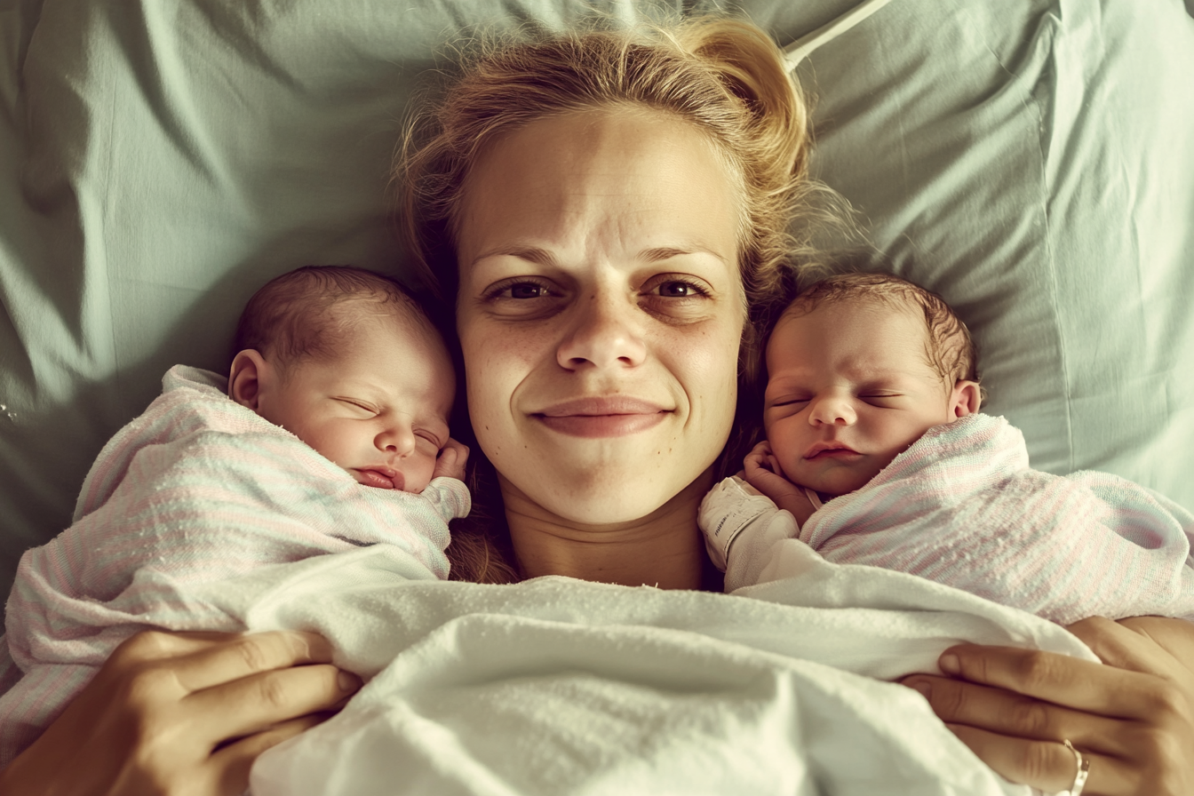 A woman holding her newborn twin girls | Source: Midjourney