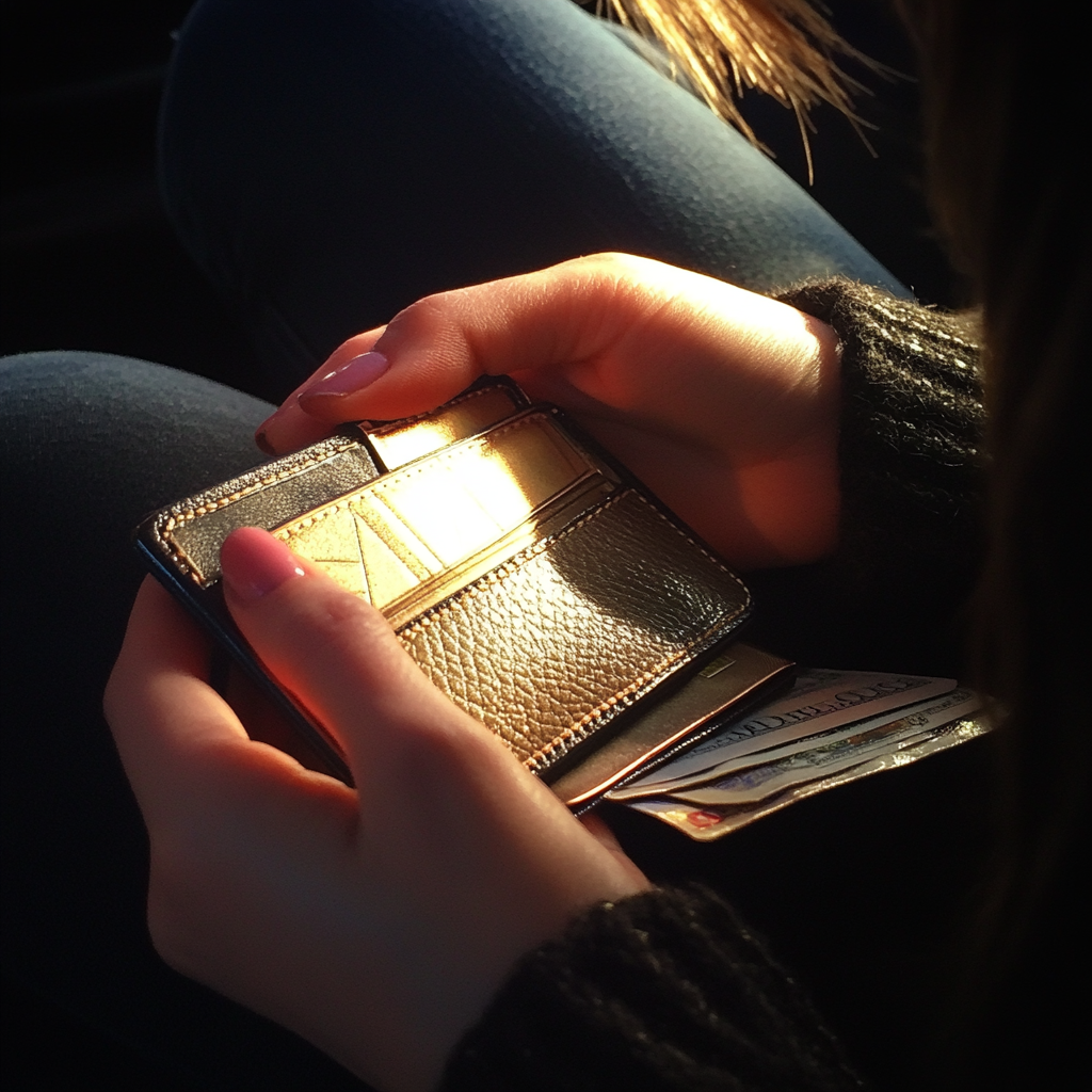 A woman taking money out of her wallet | Source: Midjourney