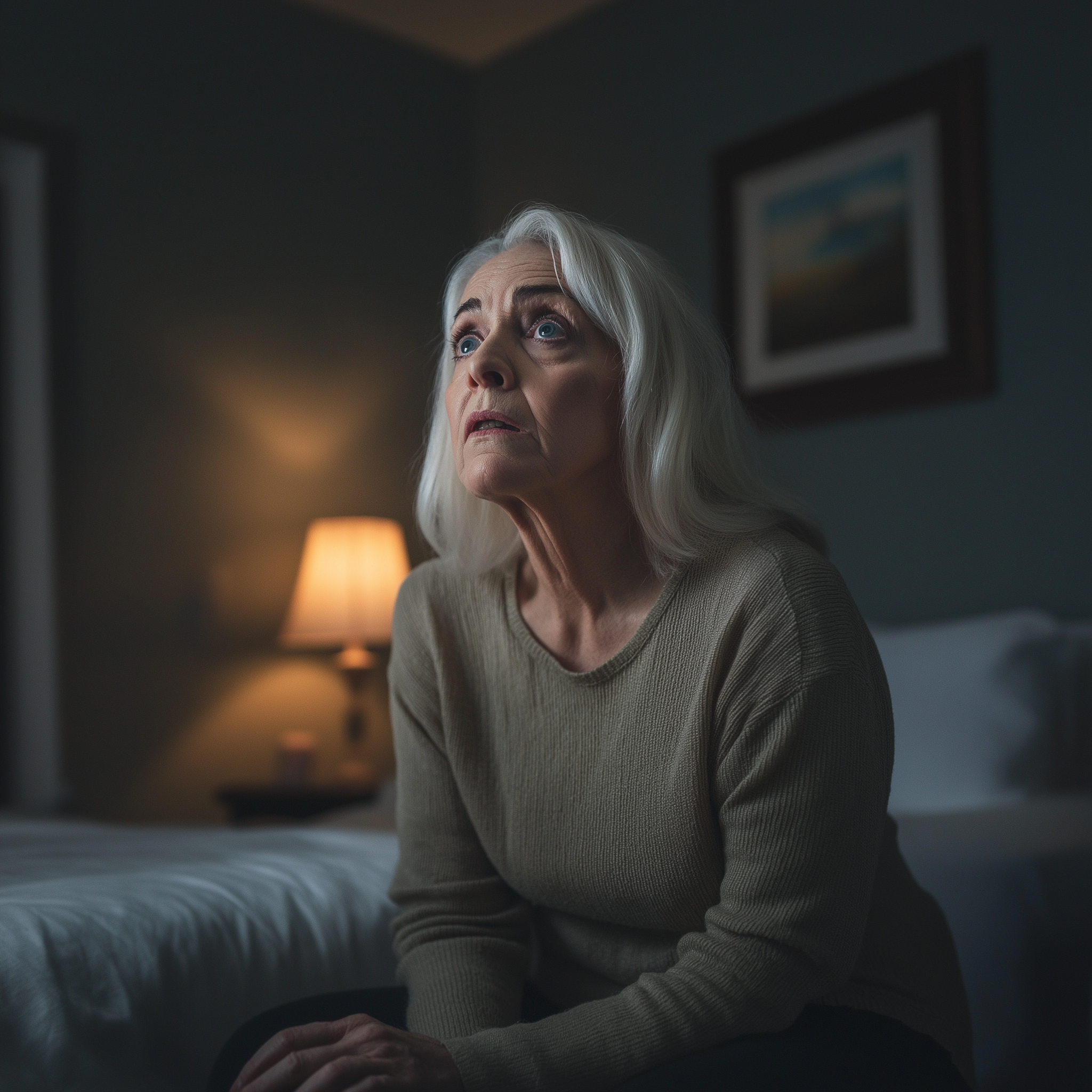 A woman looks curious and concerned while sitting in her room | Source: Midjourney