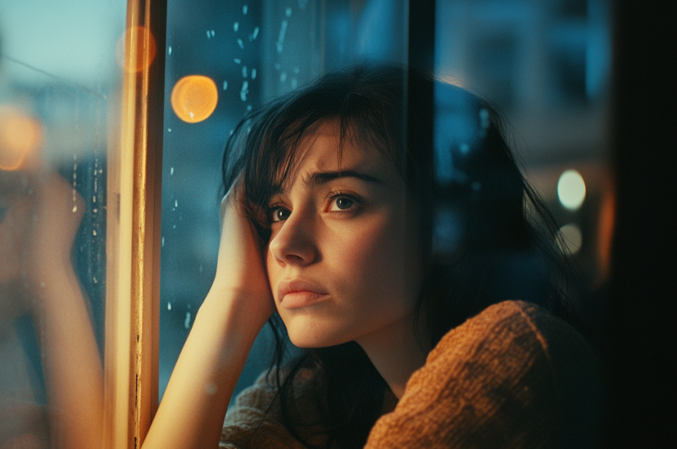 An upset woman sitting by the window | Source: Midjourney