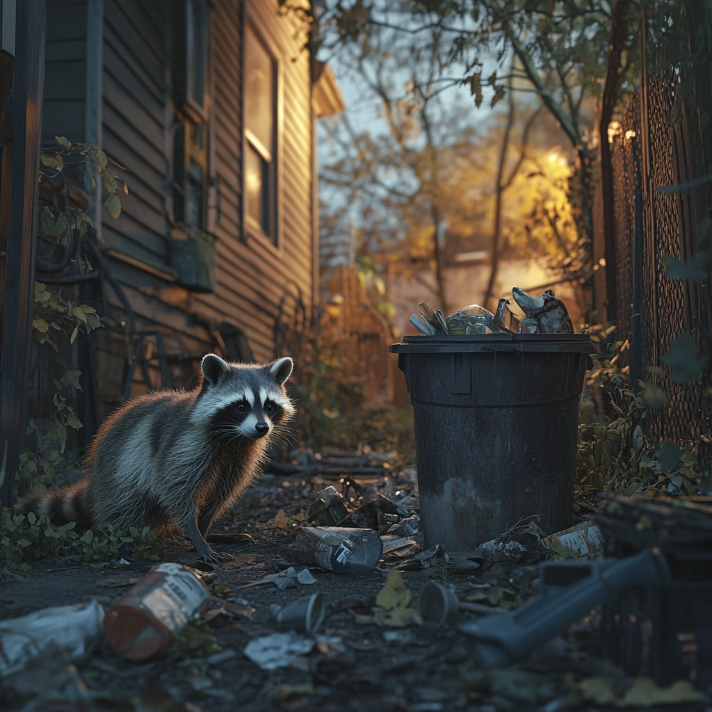 A raccoon near a trash can | Source: Midjourney