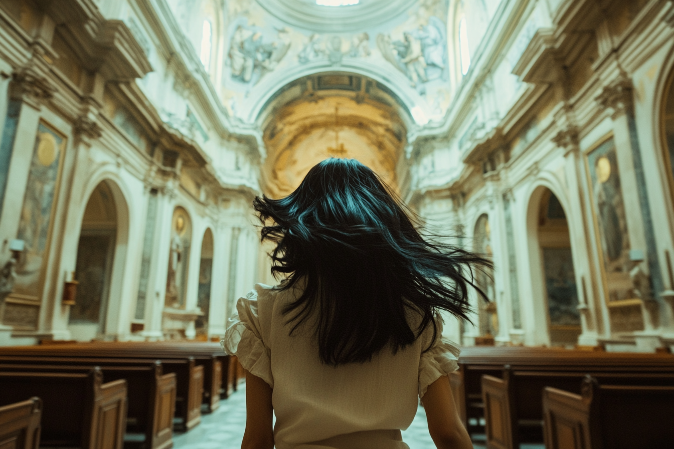 A woman sprinting out of a church | Source: Midjourney