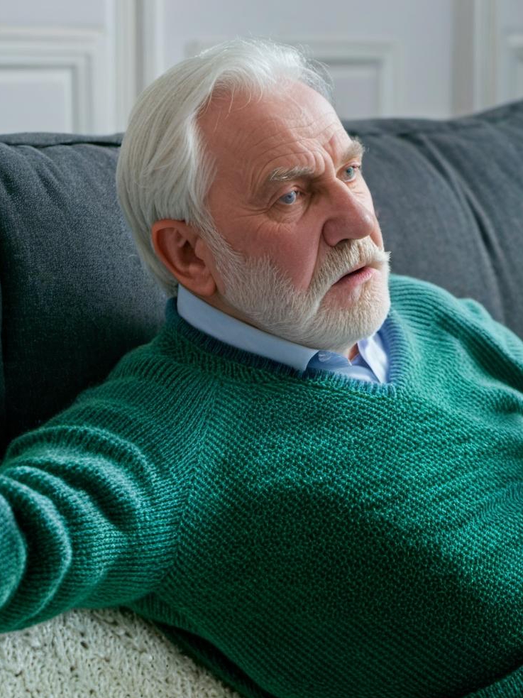 Michael sitting on the couch, his health faltering | Source: Midjourney