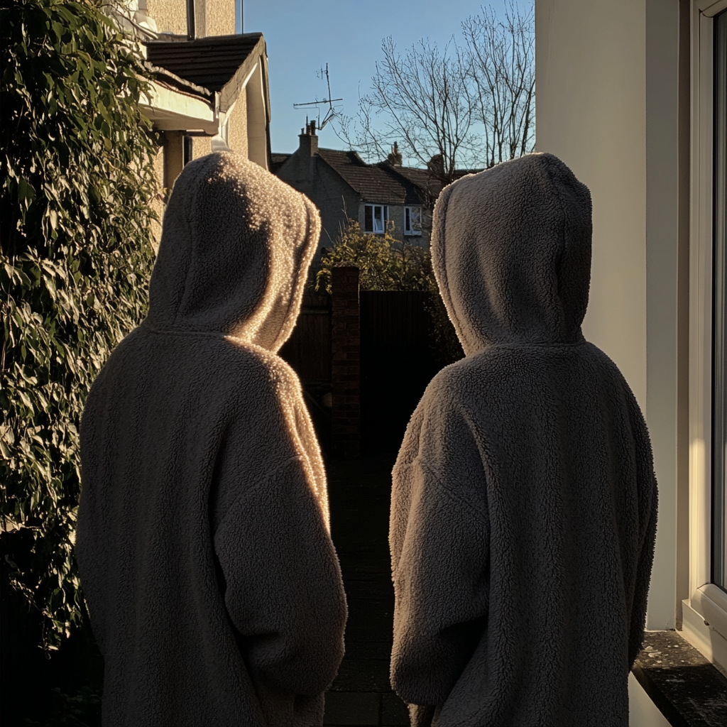 Two people in hoodies leaving the house | Source: Midjourney