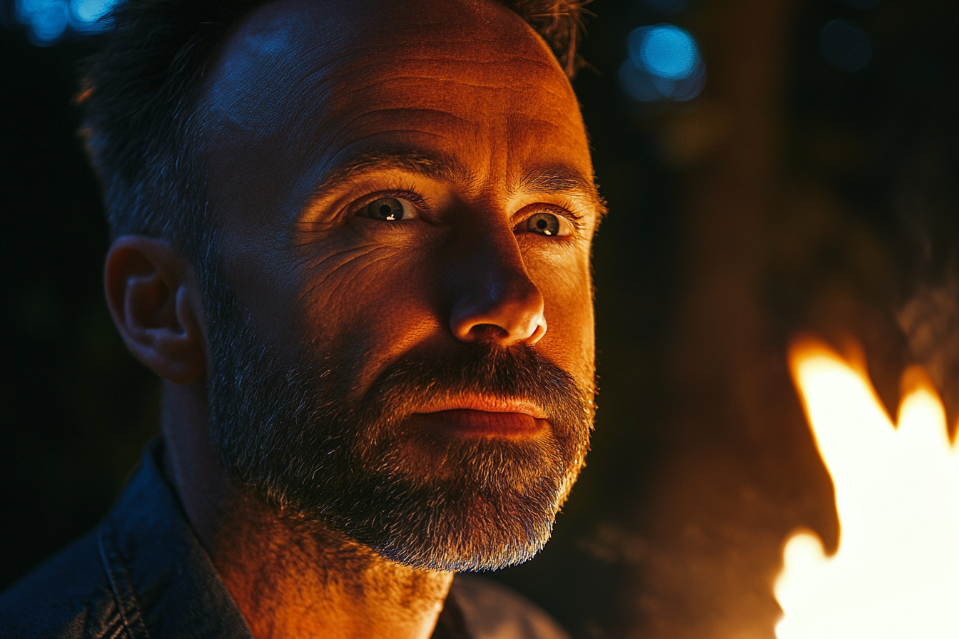 A man standing near a bonfire | Source: Midjourney