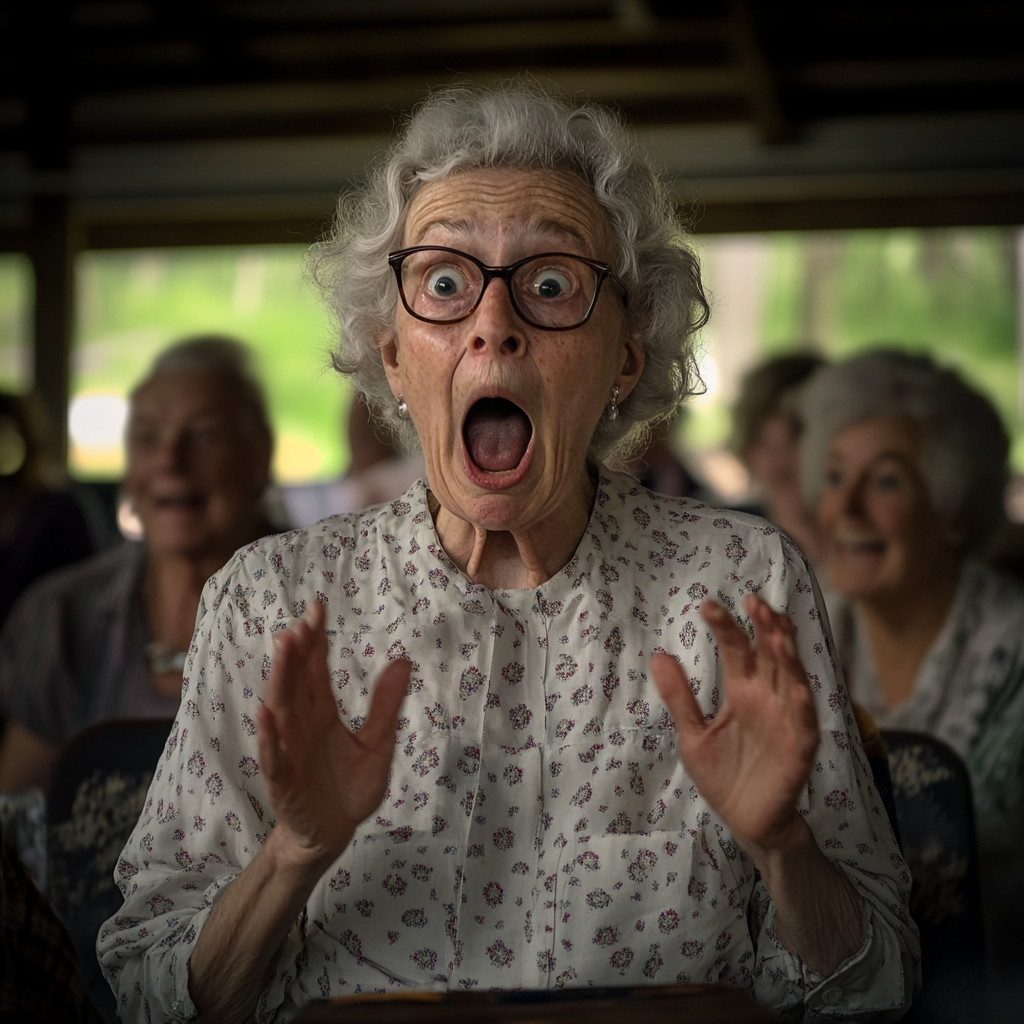 A shocked elderly woman at a reunion | Source: Midjourney