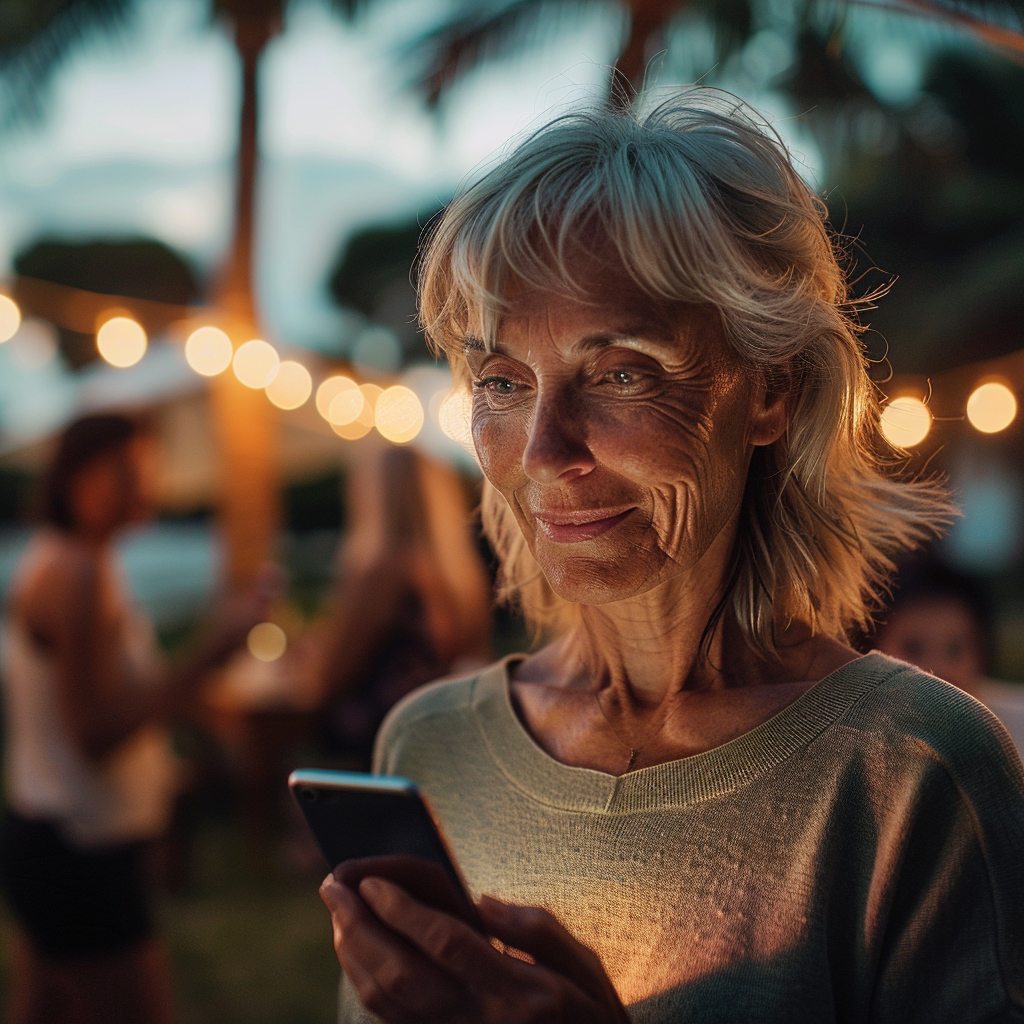 Smiling mature woman holding her smartphone at a BBQ party | Source: Midjourney