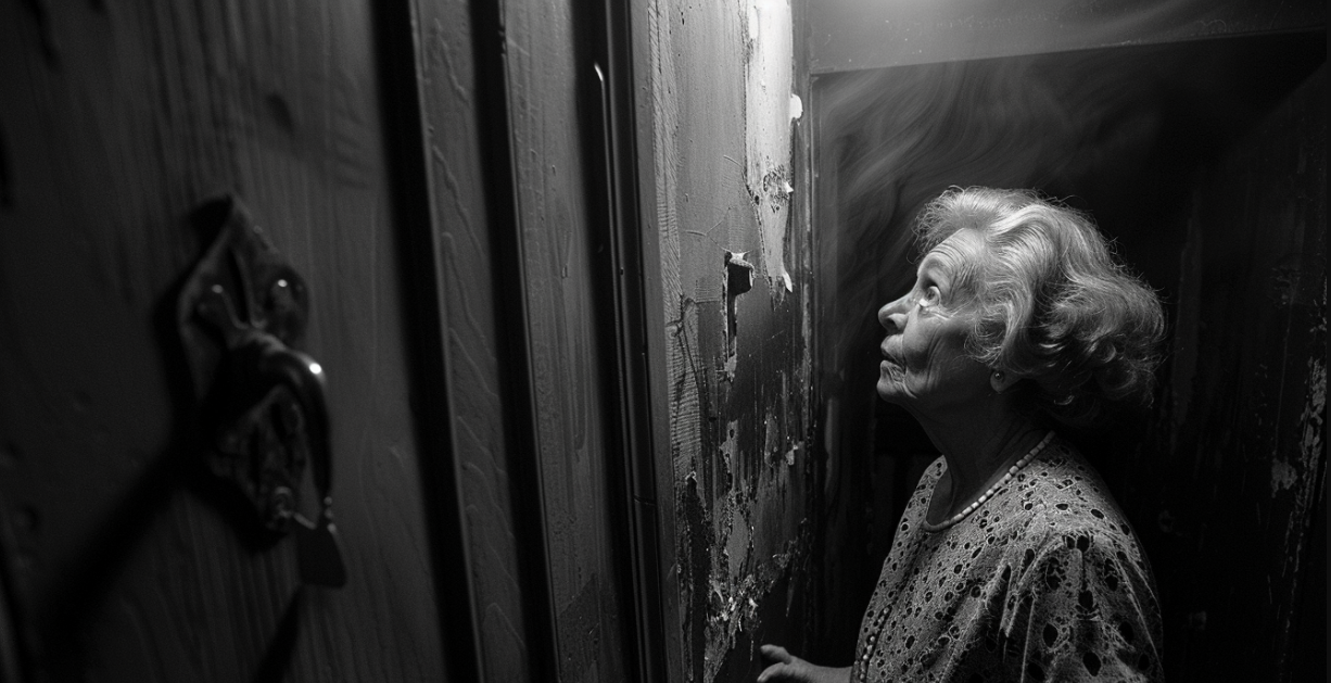 A mature woman staring at a locked basement door | Source: Midjourney