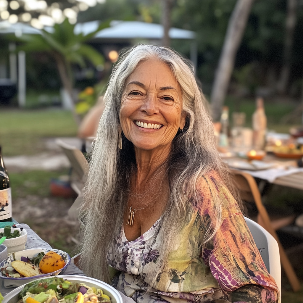 A smiling older woman sitting at a table | Source: Midjourney