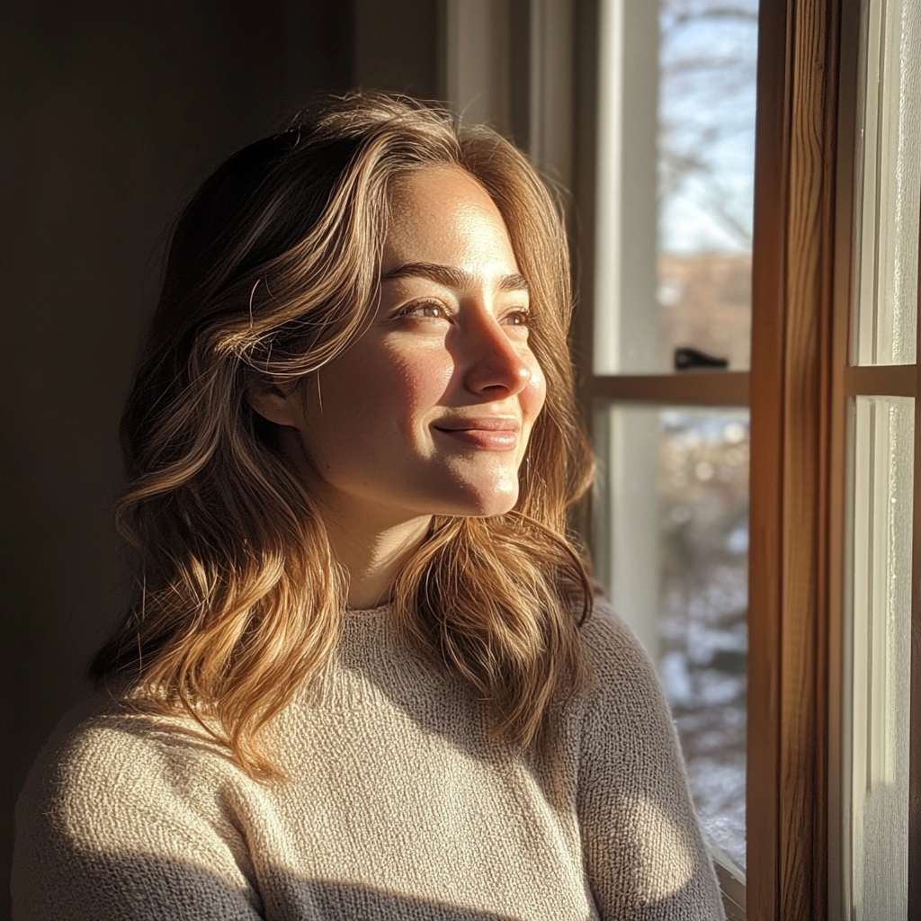 A smiling woman looking out a window | Source: Midjourney