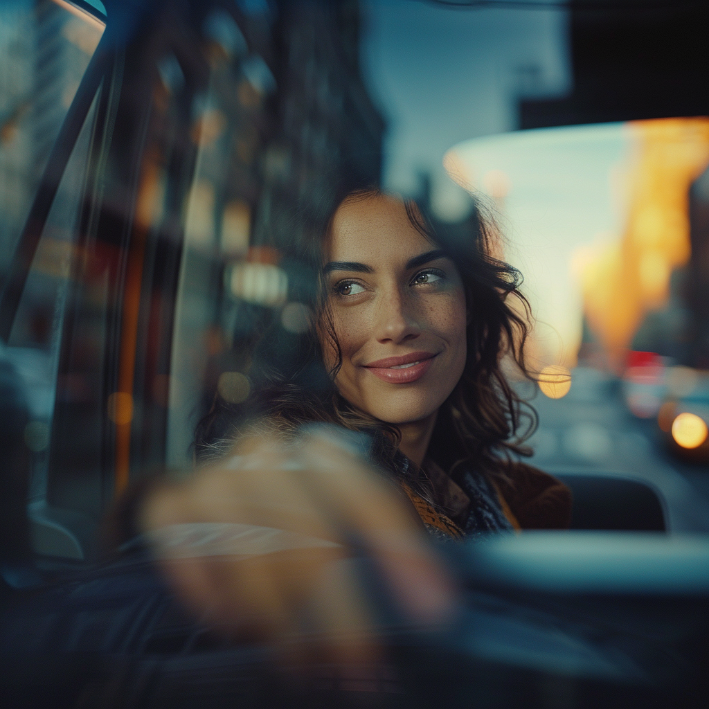 A smiling woman sitting in a car | Source: Midjourney