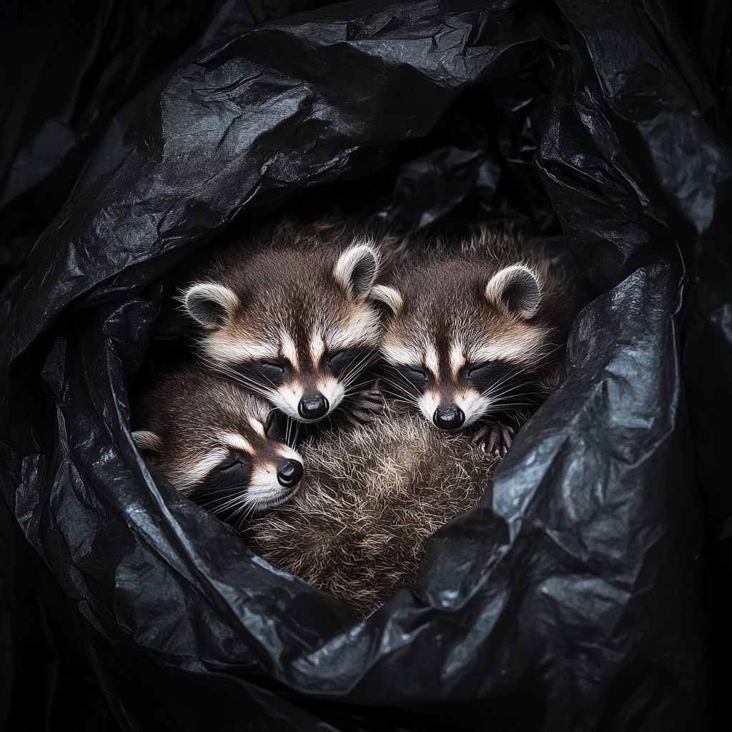 Three baby raccoons in a garbage bag | Source: Midjourney