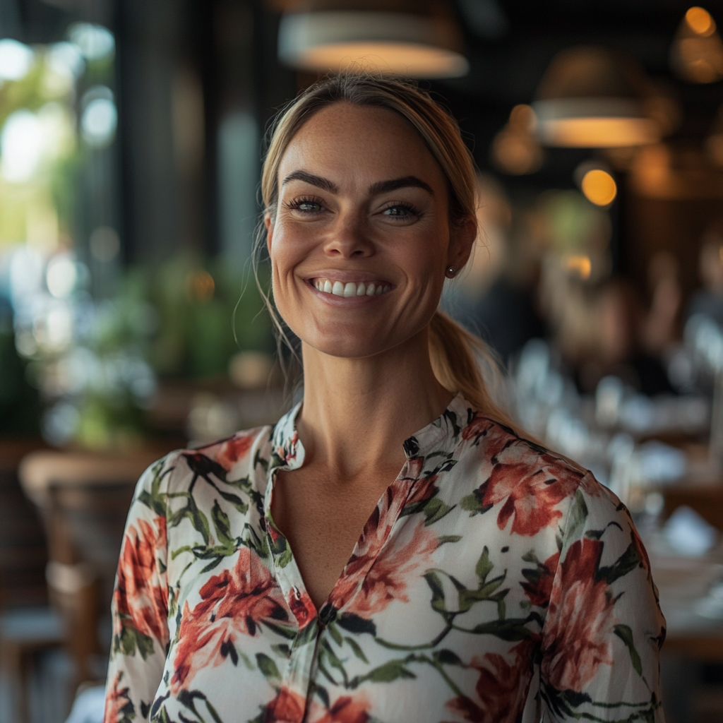 An excited woman standing in a restaurant | Source: Midjourney